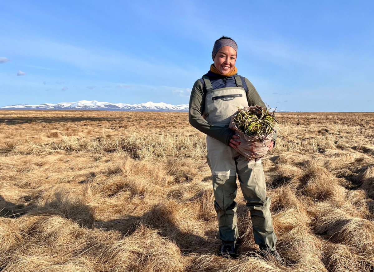 Smiling person in waders holds a basket of plants in a grassy field with mountains in the background.